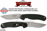 Ontario Knife Company OKC8849 Ontario RAT Model 1 Folding Knife 3.6" Satin Combo Blade, Black Nylon Handles