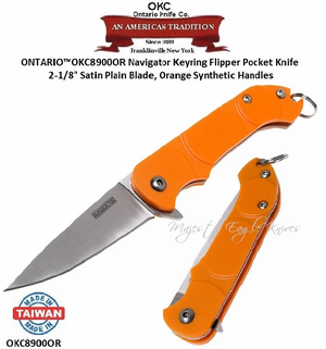 Ontario Knife Company OKC8900OR Ontario Navigator Key-ring Flipper Knife 2-1/4" Satin Stainless Steel Plain Blade, Orange Synthetic Handles  