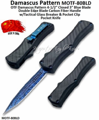 OTF Blue Double Edge MOTF-80BLD 4-1/2"Closed 3" Plain Blade Carbon Fiber Handle Etched Damascus Pattern Pocket Knife Includes Black Nylon Sheath OTF Blue Double Edge MOTF-80BLD 4-1/2"Closed 3" Plain Blade Carbon Fiber Handle Etched Damascus Pattern Pocket Knife Includes Black Nylon Sheath