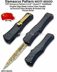 OTF Gold Double Edge MOTF-80GDD 4-1/2"Closed 3" Plain Blade Carbon Fiber Handle Etched Damascus Pattern Pocket Knife Includes Black Nylon Sheath OTF Gold Double Edge MOTF-80GDD 4-1/2"Closed 3" Plain Blade Carbon Fiber Handle Etched Damascus Pattern Pocket Knife Includes Black Nylon Sheath