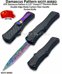 OTF Titanium Double Edge MOTF-80RBD 4-1/2"Closed 3" Plain Blade Carbon Fiber Handle Etched Damascus Pattern Pocket Knife Includes Black Nylon Sheath OTF Titanium Double Edge MOTF-80RBD 4-1/2"Closed 3" Plain Blade Carbon Fiber Handle Etched Damascus Pattern Pocket Knife Includes Black Nylon Sheath