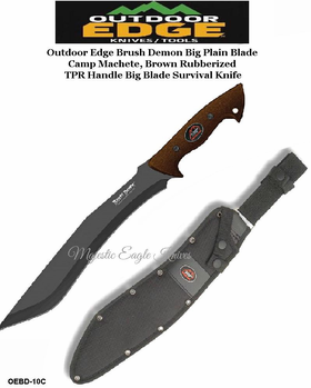 Outdoor Edge Knives OEBD-10C Outdoor Edge Brush Demon Big Plain Blade Camp Machete, Brown Rubberized TPR Handle Big Blade Survival Knife