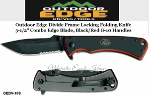 Outdoor Edge Knives OEDV-10S Outdoor Edge Divide Frame Locking Folding Knife 3-1/2" Partially Serrated Blade, Black/Red G-10 Handles
