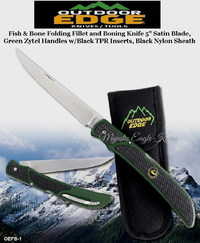 Outdoor Edge Knives OEFB-1 Outdoor Edge Fish & Bone Folding Fillet and Boning Knife 5" Satin Blade, Green Zytel Handles with Black TPR Inserts, Black Nylon Sheath