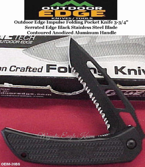 Outdoor Edge Knives OEIM-20BS Outdoor Edge Impulse Folding Pocket Knife 3-3/4" Serrated Edge Black Stainless Steel Black Blade Rubberized Kraton Contoured Anodized Aluminum Handle