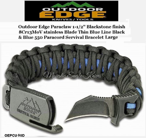 Outdoor Edge Knives OEPCU-90C Outdoor Edge Paraclaw 1-1/2" Blackstone finish 8Cr13MoV stainless Blade Thin Blue Line Black & Blue 550 Paracord Bracelet Large