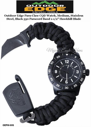 Outdoor Edge Knives OEPW-80S Outdoor Edge Para-Claw CQD Watch, Medium, Stainless Steel, Black 550 Paracord Band 1-1/2" Hawkbill Blade Outdoor Edge Knives OEPW-80S Outdoor Edge Para-Claw CQD Watch, Medium, Stainless Steel, Black 550 Paracord Band 1-1/2" Hawkbill Blade