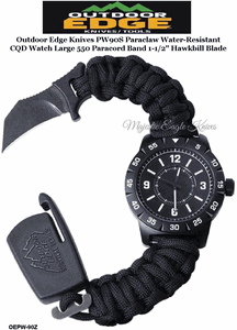 Outdoor Edge Knives OEPW90Z Outdoor Edge Zinc-Alloy ParaClaw CQD Survival Watch with Heavy Duty Large 550 Paracord Band 1-1/2" Hawkbill Blade