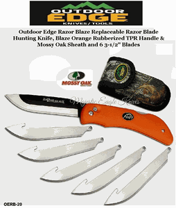 Outdoor Edge Knives OERB-20 Outdoor Edge Razor Blaze Replaceable Razor Blade Hunting Knife, Blaze Orange Rubberized Handle & Mossy Oak Sheath and 6 3-1/2" Blades