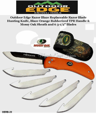 Outdoor Edge Knives OERB-20 Outdoor Edge Razor Blaze Replaceable Razor Blade Hunting Knife, Blaze Orange Rubberized Handle & Mossy Oak Sheath and 6 3-1/2" Blades