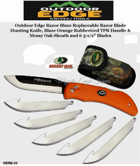 Outdoor Edge Knives OERB-20 Outdoor Edge Razor Blaze Replaceable Razor Blade Hunting Knife, Blaze Orange Rubberized Handle & Mossy Oak Sheath and 6 3-1/2" Blades