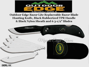 Outdoor Edge Knives OERL-10 Outdoor Edge Razor Lite Replaceable Razor Blade Hunting Knife, Black Rubberized TPR Handle & Black Nylon Sheath and 6 3-1/2" Blades
