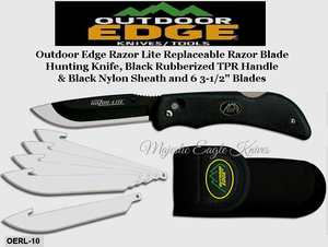 Outdoor Edge Knives OERL-10 Outdoor Edge Razor Lite Replaceable Razor Blade Hunting Knife, Black Rubberized TPR Handle & Black Nylon Sheath and 6 3-1/2" Blades