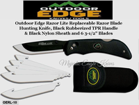 Outdoor Edge Knives OERL-10 Outdoor Edge Razor Lite Replaceable Razor Blade Hunting Knife, Black Rubberized TPR Handle & Black Nylon Sheath and 6 3-1/2" Blades