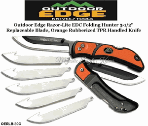 Outdoor Edge Knives OERLB30C Outdoor Edge Razor-Lite EDC Folding Hunter 3-1/2" Replaceable Plain Blade, Orange Rubberized TPR Inserts Handled Knife