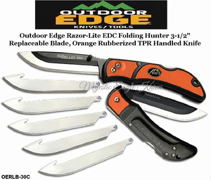 Outdoor Edge Knives OERLB30C Outdoor Edge Razor-Lite EDC Folding Hunter 3-1/2" Replaceable Plain Blade, Orange Rubberized TPR Inserts Handled Knife