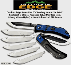 Outdoor Edge Knives OERLU-40C Outdoor Edge Razor-Lite EDC Folding Hunter 3-1/2" 6 Replaceable Blades, Japanese 420J2 Stainless Steel, Grivory (Glass/Nylon) w/Blue Rubberized TPR Inserts