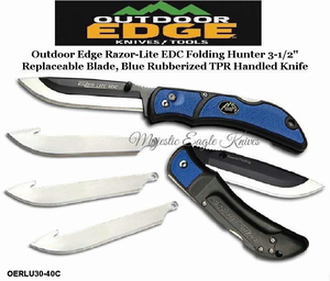 Outdoor Edge Knives OERLU30-40C Outdoor Edge Razor-Lite EDC Folding Hunter 3-1/2" Replaceable Plain Blade, Blue Rubberized TPR Inserts Handled Knife