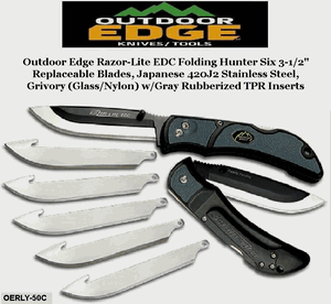 Outdoor Edge Knives OERLY-50C Outdoor Edge Razor-Lite EDC Folding Hunter 3-1/2" 6 Replaceable Blades, Japanese 420J2 Stainless Steel, Grivory (Glass/Nylon) w/Gray Rubberized TPR Inserts