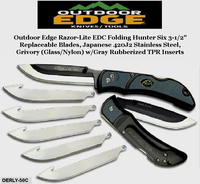 Outdoor Edge Knives OERLY-50C Outdoor Edge Razor-Lite EDC Folding Hunter 3-1/2" 6 Replaceable Blades, Japanese 420J2 Stainless Steel, Grivory (Glass/Nylon) w/Gray Rubberized TPR Inserts