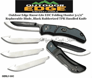 Outdoor Edge Knives OERLY30-50C Outdoor Edge Razor-Lite EDC Folding Hunter 3" Replaceable Plain Blade, Gray Rubberized TPR Inserts Handled Knife