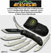 Outdoor Edge Knives OERO-10C Outdoor Edge Razor-Lite EDC Folding Hunter 3-1/2" 6 Replaceable Blades, Japanese 420J2 Stainless Steel, Black Rubberized Handles & Black Nylon Belt Sheath
