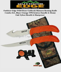Outdoor Edge Knives OEWB-4C Outdoor Edge Wild-Bone Guthook Skinner/Boning Knife Combo Set, Blaze Orange TPR Kraton Handle & Mossy Oak Nylon Sheath & Sharpener