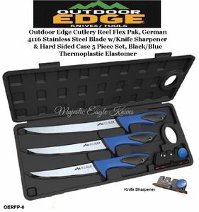 Outdoor Edge Knives Reel Flex Pak 5pc Set. 4116 stainless fillet blades. Black and blue rubberized TPR handle. Lanyard hole. Includes three fillet knives