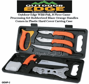 Outdoor Edge Knives OEWP-2 Outdoor Edge Wild-Pak, 8 Piece Game Processing Set Rubberized Blaze Orange Handles Comes in Plastic Hard Cover Carring Case