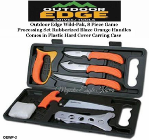 Outdoor Edge Knives OEWP-2 Outdoor Edge Wild-Pak, 8 Piece Game Processing Set Rubberized Blaze Orange Handles Comes in Plastic Hard Cover Carring Case