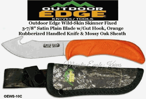 Outdoor Edge Knives OEWS-10C Outdoor Edge Wild-Skin Skinner Fixed 3-7/8" Satin Plain Blade w/Gut Hook, Orange Rubberized Handled Knife & Mossy Oak Sheath