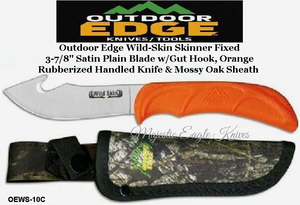Outdoor Edge Knives OEWS-10C Outdoor Edge Wild-Skin Skinner Fixed 3-7/8" Satin Plain Blade w/Gut Hook, Orange Rubberized Handled Knife & Mossy Oak Sheath
