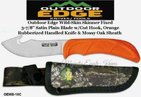 Outdoor Edge Knives OEWS-10C Outdoor Edge Wild-Skin Skinner Fixed 3-7/8" Satin Plain Blade w/Gut Hook, Orange Rubberized Handled Knife & Mossy Oak Sheath