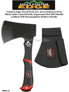 Outdoor Edge Knives OEWX-1C Outdoor Edge Wood Devil Axe, 3Cr13 Stainless Steel Black Oxide Coated Finish, Ergonomic Red ABS Handle w/Black TPR Thermoplastic Rubber