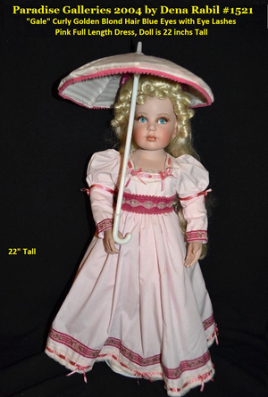 Paradise Galleries 2004 by Dena Rabil #1521 "Gale" Curly Golden Blond Hair Blue Eyes with Eye Lashes Pink Full Length Dress, Doll is 22 inchs Tall 