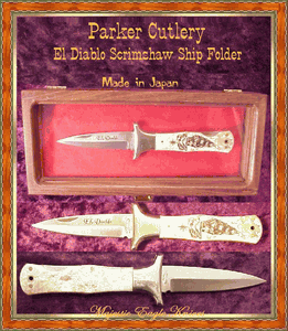 Parker Cutlery Company El Diablo White ABSHandled Scrimshawed Clipper Ship Dagger LB Folding Knife