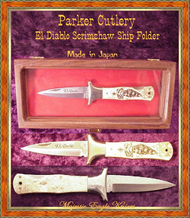 Parker Cutlery Company El Diablo White ABSHandled Scrimshawed Clipper Ship Dagger LB Folding Knife Parker Cutlery Company El Diablo White ABSHandled Scrimshawed Clipper Ship Dagger LB Folding Knife