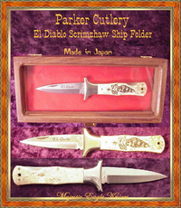 Parker Cutlery Company El Diablo White ABSHandled Scrimshawed Clipper Ship Dagger LB Folding Knife Parker Cutlery Company El Diablo White ABSHandled Scrimshawed Clipper Ship Dagger LB Folding Knife