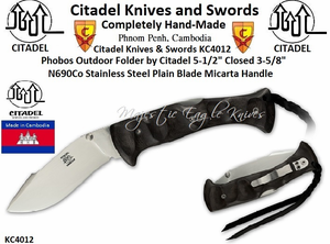 Citadel Knives and Swords KC4012 Phobos Outdoor Folding Knife Overall: 9-5/8" Blade Length: 3- 5/8" N690Co Stainless Steel Plain Blade Black Micarta Handles by Citadel