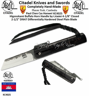 Citadel Knives and Swords KC4025 Higonokami Overall: 7" DNH7 Steel Plain Blade Length: 2-1/2" Carved Buffalo Horn Handle by Citadel
