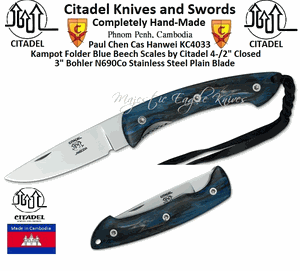 Citadel Knives and Swords KC4033 Kampot Pocket Knife Overall: 7 1/2" Blade Length: 3" Bohler N690Co Stainless Steel Polished Blue Beech Handles by Citadel