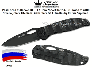 Kizlyar Supreme Knives KK0117 Hero Pocket Knife 4-1.8 Closed 3" 440C Steel w/Black Titanium Finish Black G10 Handles by Kizlyar Supreme