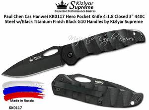 Kizlyar Supreme Knives KK0117 Hero Pocket Knife 4-1.8 Closed 3" 440C Steel w/Black Titanium Finish Black G10 Handles by Kizlyar Supreme