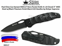 Kizlyar Supreme Knives KK0117 Hero Pocket Knife 4-1.8 Closed 3" 440C Steel w/Black Titanium Finish Black G10 Handles by Kizlyar Supreme