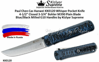 Kizlyar Supreme Knives KK0120 Whisper Pocket Knife 4-1/2" Closed 3-3/4" Bohler M390 Plain Blade Blue/Black Milled G10 Handles by Kizlyar Supreme