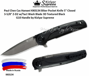 Kizlyar Supreme Knives KK0134 Biker Pocket Knife 5" Closed 3-5/8" Z-D2 w/Tact Wash Blade 3D Textured Black G10 Handle by Kizlyar Supreme