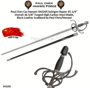 Paul Chen Cas Hanwei SH2205 Solingen Rapier 45-1/4" Overall 36-5/8" Forged High-Carbon Steel Blade, Black Leather Scabbard by Paul Chen/Hanwei