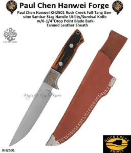 Paul Chen Hanwei KH2501 Rock Creek Full-Tang Genuine Sambar Stag Handle Utility/Survival Knife w/6-1/4"Drop 