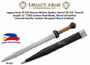 Paul Chen/Hanwei IP-023 Legacy Arms Roman Maintz Gladius Sword 29-1/4" Overall Length 21" 5160 Carbon Steel Blade, Wood w/Leather Covered Handle, Leather Wrapped Wood Scabbad