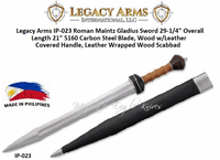 Paul Chen/Hanwei IP-023 Legacy Arms Roman Maintz Gladius Sword 29-1/4" Overall Length 21" 5160 Carbon Steel Blade, Wood w/Leather Covered Handle, Leather Wrapped Wood Scabbad